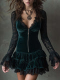 Dark Green Velvet Mini Dress with Lace Sleeves - Elegant and Romantic