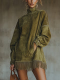 Patricia – velvet dress with a high collar and fringe details