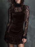 Chocolate Velvet Lace Pleated Mini Dress - Elegant Gothic Style