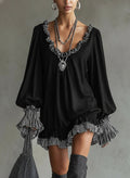 Black Mini Loose Synthetic Suede Dress with Ruffles and Stripes - Comfortable and Stylish