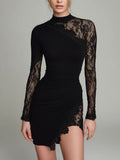 Asymmetrical Mini Dress in Black Tulle with Elegant High Collar