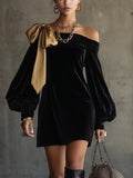 Black Velvet Mini Dress with Gold Satin Details and Cut-Out Shoulders
