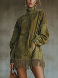 Synthetic Suede Dress with High Collar and Lace - Elegant and Comfortable