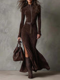 Marika – Vintage Brown Maxi Dress with Zipper and Belt, Elegant Retro Style