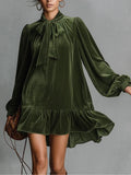 Mini Velvet Dress with Bow Tie Collar - Relaxed and Elegant Design