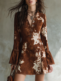 Mini Retro Dress with Flared Sleeves and Cow Print | Trendy Mini Dress with Cow Print and Flared Sleeves