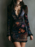 Mini Slim-fit Velvet Dress with Floral Print and Lace at the Neck