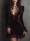 Burgundy Velvet Mini Dress with Lace - Elegant and Sophisticated