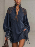 Indigo Mini Dress in Synthetic Suede with Embroidered High Collar and Tassels