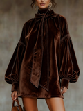 Dark Brown Velvet Mini Dress with Lantern Sleeves | Elegant and Sophisticated
