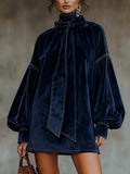 Dark Blue Velvet Lantern Sleeve Mini Dress - Elegant and Retro
