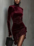 Mini Fitted Dress with High Collar in Burgundy Velvet and Lace - Sophisticated Elegance