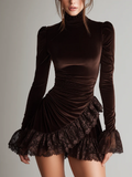 Brown Velvet Mini Dress - High Collar and Lace Ruffles