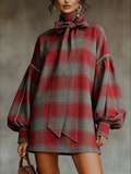 Mini Dress with Lantern Sleeves in Red and Grey Check - British Retro Style