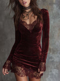 Shiny Red Velvet Mini Dress with Lace