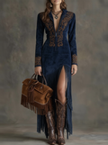 Valentina | Long Western Dress with Zipper, Embroidery, and Fringes